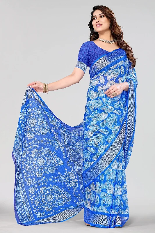 NOZ2TOZ Women Party Wear Printed Chiffon Silk Saree with Unstitched Blouse - Blue Oversized Silk Blouse NOZ2TOZ Women Party Wear Printed Chiffon Silk Saree with Unstitched Blouse - Blue Oversized Silk Blouse