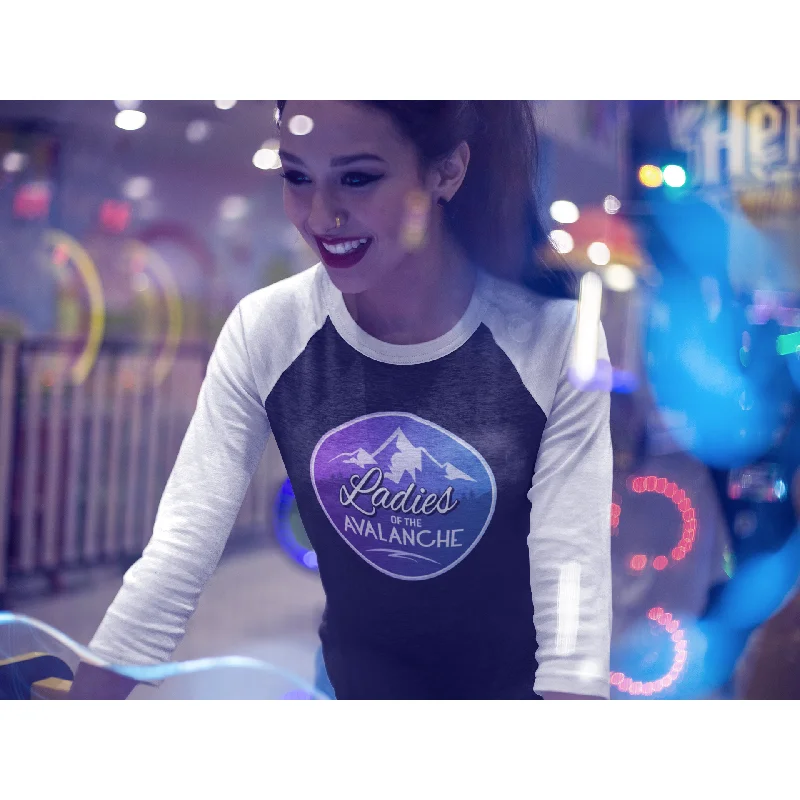 Ladies Of The Avalanche Gradient Color Unisex 3/4 Sleeve Raglan Baseball Shirt-- Zippered Front Buttoned Front Snap Front Ladies Of The Avalanche Gradient Color Unisex 3/4 Sleeve Raglan Baseball Shirt-- Zippered Front Buttoned Front Snap Front