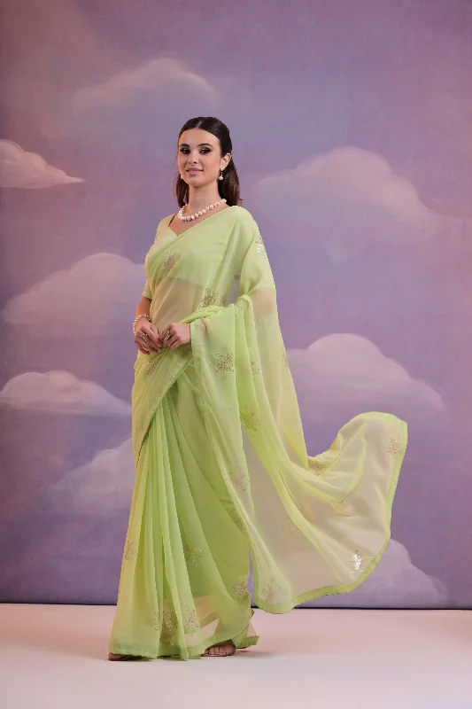 NOZ2TOZ Women Party Wear Sequence Embroidery Worked Georgette Saree with Unstitched Blouse - Parrot Green Embellished Collar Blouse NOZ2TOZ Women Party Wear Sequence Embroidery Worked Georgette Saree with Unstitched Blouse - Parrot Green Embellished Collar Blouse