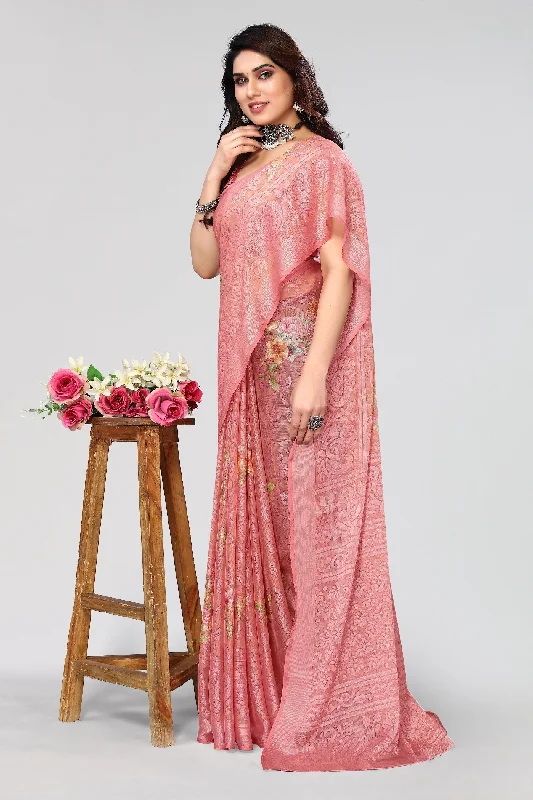 NOZ2TOZ Women Party Wear Printed Brasso Chiffon Saree with Unstitched Blouse - Peach Feminine Puff Blouse NOZ2TOZ Women Party Wear Printed Brasso Chiffon Saree with Unstitched Blouse - Peach Feminine Puff Blouse