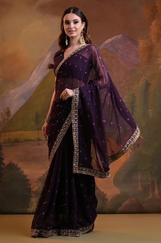 NOZ2TOZ Women Party Wear Sequence Embroidery Worked Georgette Saree with Unstitched Blouse - Wine Flowy Bohemian Blouse NOZ2TOZ Women Party Wear Sequence Embroidery Worked Georgette Saree with Unstitched Blouse - Wine Flowy Bohemian Blouse