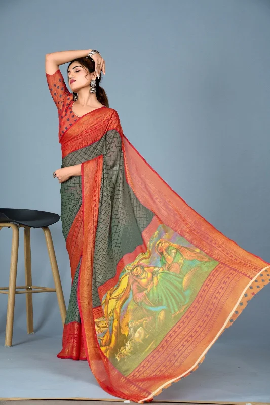 NOZ2TOZ Women Casual Wear Printed Brasso Silk Saree with Unstitched Blouse - Green Drape Neck Blouse NOZ2TOZ Women Casual Wear Printed Brasso Silk Saree with Unstitched Blouse - Green Drape Neck Blouse