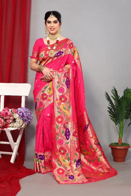 NOZ2TOZ Women Wedding Wear Zari Weaving Paithani Silk Saree with Unstitched Blouse - Pink Office-Ready Blouse NOZ2TOZ Women Wedding Wear Zari Weaving Paithani Silk Saree with Unstitched Blouse - Pink Office-Ready Blouse