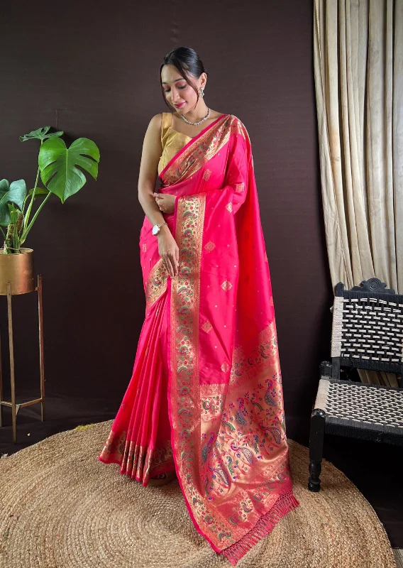 NOZ2TOZ Women Party Wear Zari Weaving Paithani Silk Saree with Unstitched Blouse - Pink Everyday Stylish Blouse NOZ2TOZ Women Party Wear Zari Weaving Paithani Silk Saree with Unstitched Blouse - Pink Everyday Stylish Blouse