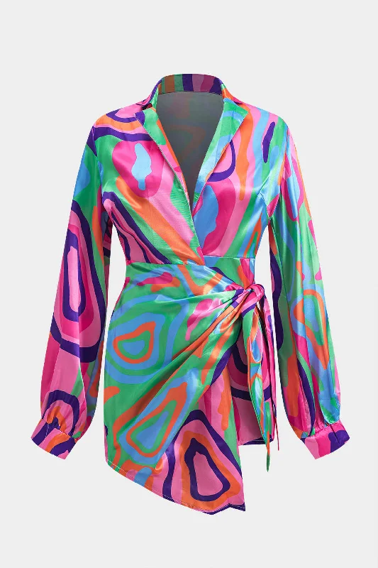 Abstract Print Ruched Button Twist Knot Long Sleeve Mini Dress Elegant Mini Dress with Pleats Abstract Print Ruched Button Twist Knot Long Sleeve Mini Dress Elegant Mini Dress with Pleats