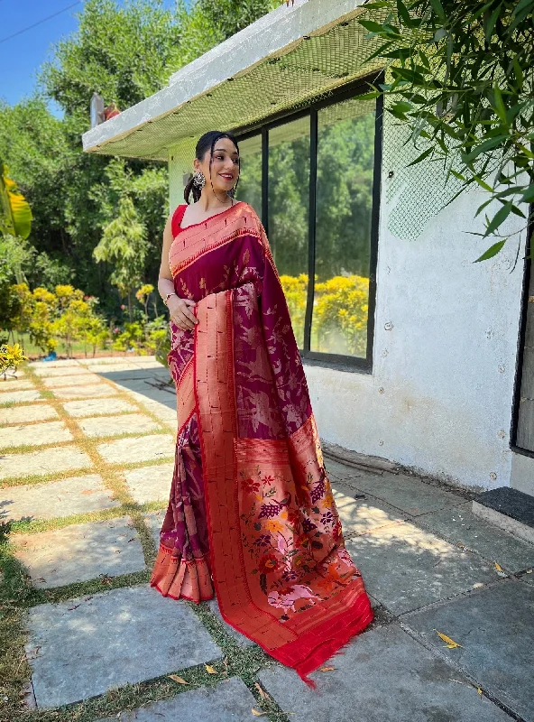 NOZ2TOZ Women Party Wear Zari Weaving Paithani Silk Saree with Unstitched Blouse - Maroon Pastel Color Blouse NOZ2TOZ Women Party Wear Zari Weaving Paithani Silk Saree with Unstitched Blouse - Maroon Pastel Color Blouse