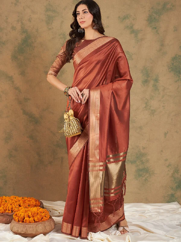 NOZ2TOZ Women Party Wear Cotton Organza Saree with Unstitched Blouse - Rust Casual Stripe Blouse NOZ2TOZ Women Party Wear Cotton Organza Saree with Unstitched Blouse - Rust Casual Stripe Blouse