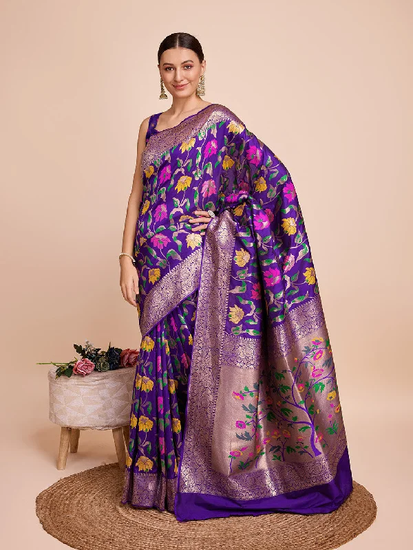 NOZ2TOZ Women Party Wear Zari Weaving Paithani Silk Saree with Unstitched Blouse - Blue Satin Long Blouse NOZ2TOZ Women Party Wear Zari Weaving Paithani Silk Saree with Unstitched Blouse - Blue Satin Long Blouse