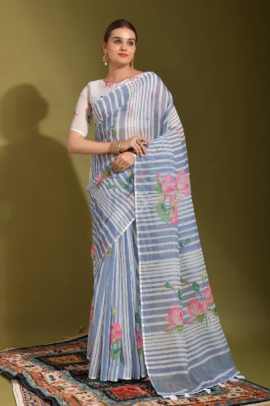 NOZ2TOZ Women Party Wear Printed Linen Saree with Unstitched Blouse - Light Blue Casual Button Blouse NOZ2TOZ Women Party Wear Printed Linen Saree with Unstitched Blouse - Light Blue Casual Button Blouse