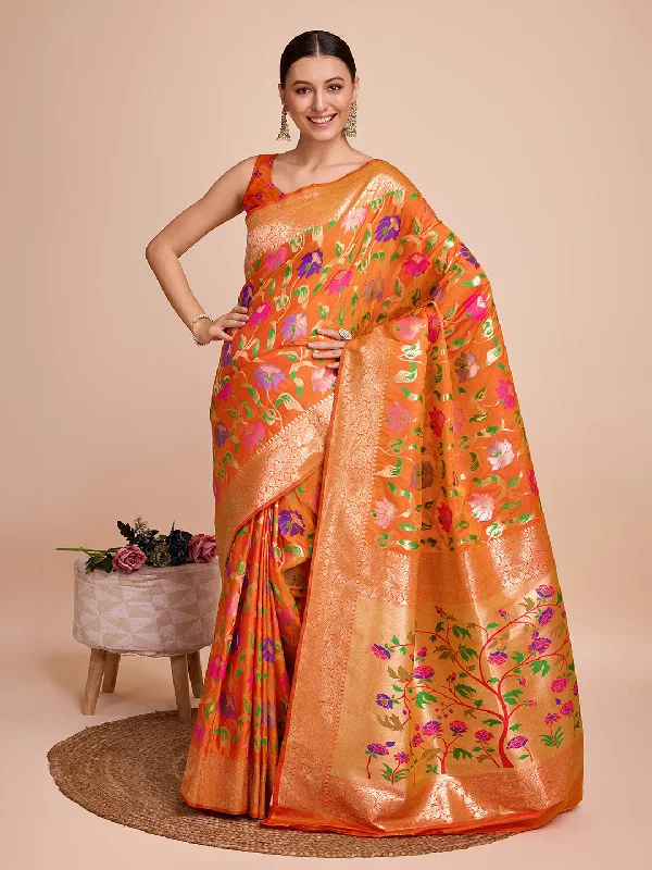 NOZ2TOZ Women Party Wear Zari Weaving Paithani Silk Saree with Unstitched Blouse - Orange Feminine Puff Blouse NOZ2TOZ Women Party Wear Zari Weaving Paithani Silk Saree with Unstitched Blouse - Orange Feminine Puff Blouse