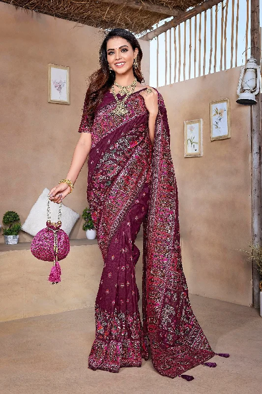 NOZ2TOZ Women Wedding Wear Jacquard Weaving Worked Pure Pashmina Saree with Unstitched Blouse - Wine Gathered Detail Blouse