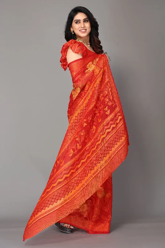 NOZ2TOZ Women Party Wear Printed Brasso Chiffon Saree with Unstitched Blouse - Red Cotton Casual Blouse NOZ2TOZ Women Party Wear Printed Brasso Chiffon Saree with Unstitched Blouse - Red Cotton Casual Blouse