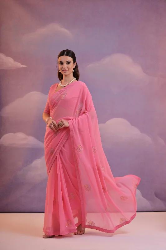 NOZ2TOZ Women Party Wear Sequence Embroidery Worked Georgette Saree with Unstitched Blouse - Pink Frilled Cuff Blouse