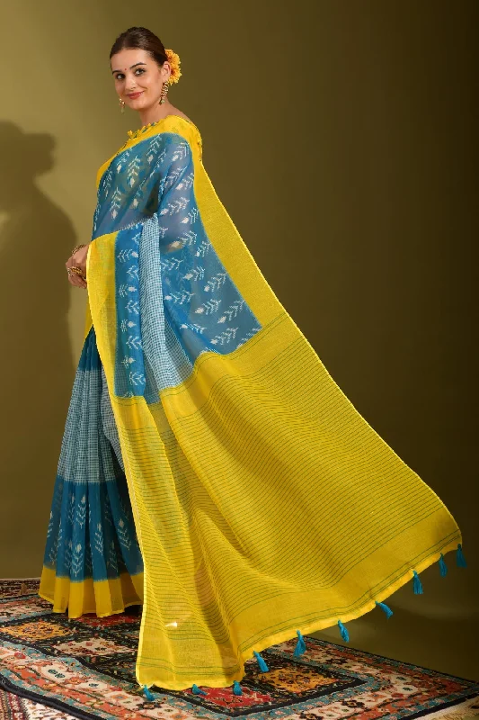 NOZ2TOZ Women Party Wear Printed Linen Saree with Unstitched Blouse - Yellow & Blue Embroidered Floral Blouse NOZ2TOZ Women Party Wear Printed Linen Saree with Unstitched Blouse - Yellow & Blue Embroidered Floral Blouse
