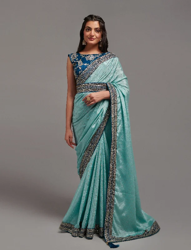 NOZ2TOZ Women Party Wear Premium Chinon Silk Saree with Unstitched Blouse - Sky Blue Balloon Sleeve Blouse NOZ2TOZ Women Party Wear Premium Chinon Silk Saree with Unstitched Blouse - Sky Blue Balloon Sleeve Blouse