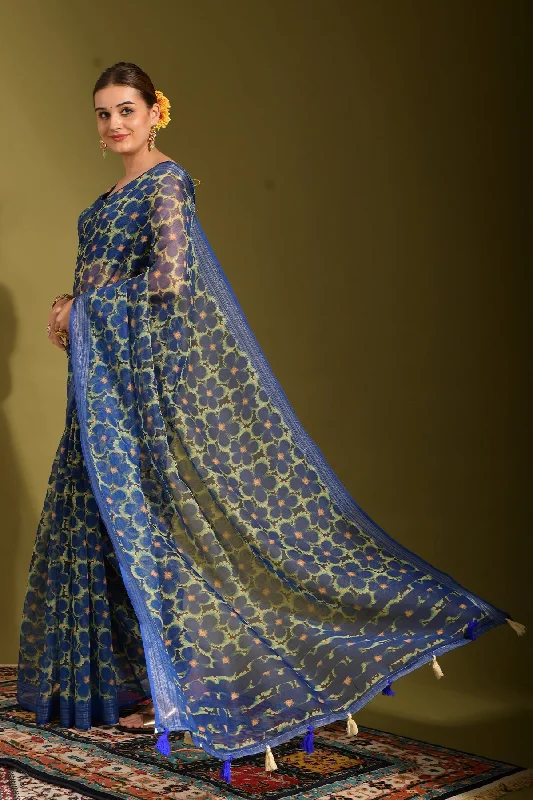 NOZ2TOZ Women Party Wear Printed Linen Saree with Unstitched Blouse - Blue Cotton Casual Blouse NOZ2TOZ Women Party Wear Printed Linen Saree with Unstitched Blouse - Blue Cotton Casual Blouse