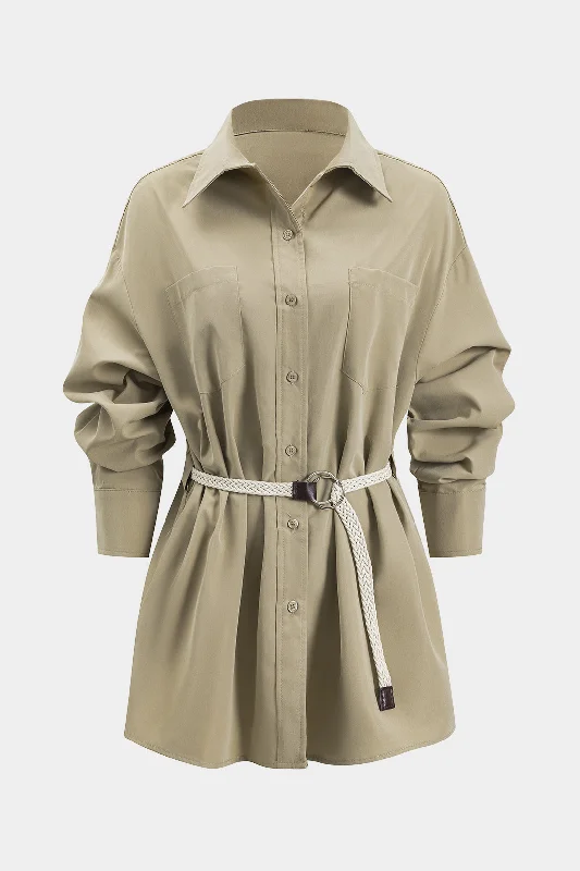 Ruched Button Pocket Belted Long Sleeve Mini Dress Fashionable Mini Dress with Slits Ruched Button Pocket Belted Long Sleeve Mini Dress Fashionable Mini Dress with Slits