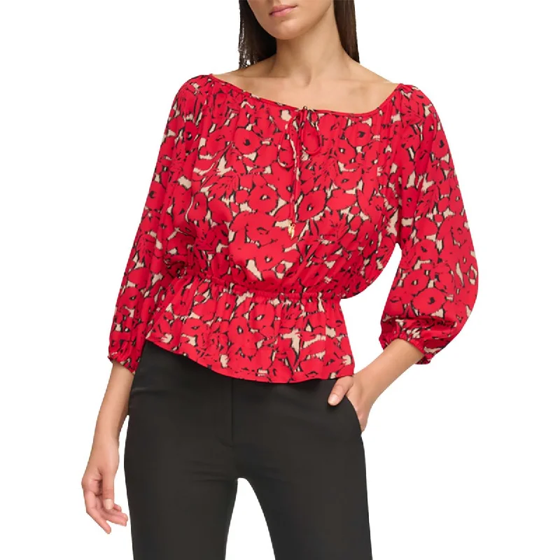 Womens Floral Print Gathered Blouse Bell Sleeve Blouse