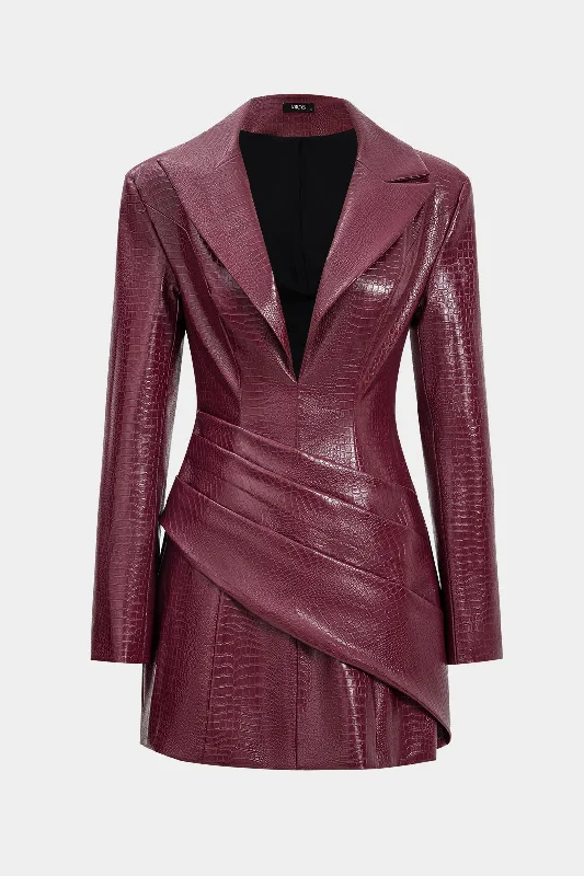 Faux Leather Ruched Long Sleeve V-Neck Mini Dress Comfortable Boho Mini Dress