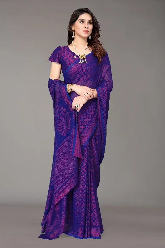 NOZ2TOZ Women Party Wear Printed Brasso Chiffon Saree with Unstitched Blouse - Royal Blue Feminine Ruffle Blouse NOZ2TOZ Women Party Wear Printed Brasso Chiffon Saree with Unstitched Blouse - Royal Blue Feminine Ruffle Blouse