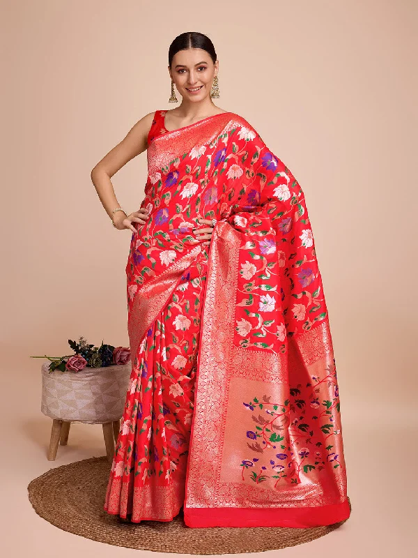 NOZ2TOZ Women Party Wear Zari Weaving Paithani Silk Saree with Unstitched Blouse - Red Bell Sleeve Blouse NOZ2TOZ Women Party Wear Zari Weaving Paithani Silk Saree with Unstitched Blouse - Red Bell Sleeve Blouse