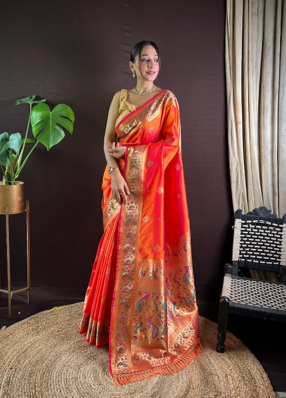 NOZ2TOZ Women Party Wear Zari Weaving Paithani Silk Saree with Unstitched Blouse - Orange Office Formal Blouse NOZ2TOZ Women Party Wear Zari Weaving Paithani Silk Saree with Unstitched Blouse - Orange Office Formal Blouse