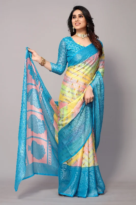 NOZ2TOZ Women Party Wear Printed Brasso Chiffon Saree with Unstitched Blouse - Sky Blue Sheer Mesh Blouse NOZ2TOZ Women Party Wear Printed Brasso Chiffon Saree with Unstitched Blouse - Sky Blue Sheer Mesh Blouse