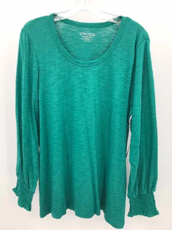 Pre-Owned Chico's Green Size Large Long Sleeve T-shirt-- Mesh Blend Leather Blend Suede Blend Pre-Owned Chico's Green Size Large Long Sleeve T-shirt-- Mesh Blend Leather Blend Suede Blend