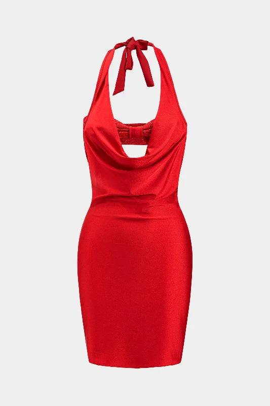 Satin Ruched Backless Cut Out Tie Up Mini Dress Casual Mini Dress with Pockets
