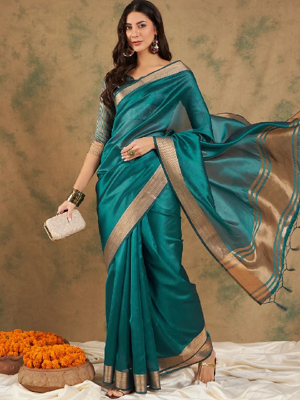 NOZ2TOZ Women Party Wear Cotton Organza Saree with Unstitched Blouse - Teal Satin Bow Blouse NOZ2TOZ Women Party Wear Cotton Organza Saree with Unstitched Blouse - Teal Satin Bow Blouse