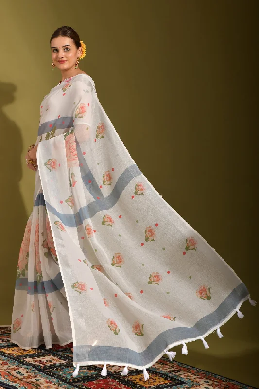 NOZ2TOZ Women Party Wear Printed Linen Saree with Unstitched Blouse - Off White Pleated Collar Blouse NOZ2TOZ Women Party Wear Printed Linen Saree with Unstitched Blouse - Off White Pleated Collar Blouse