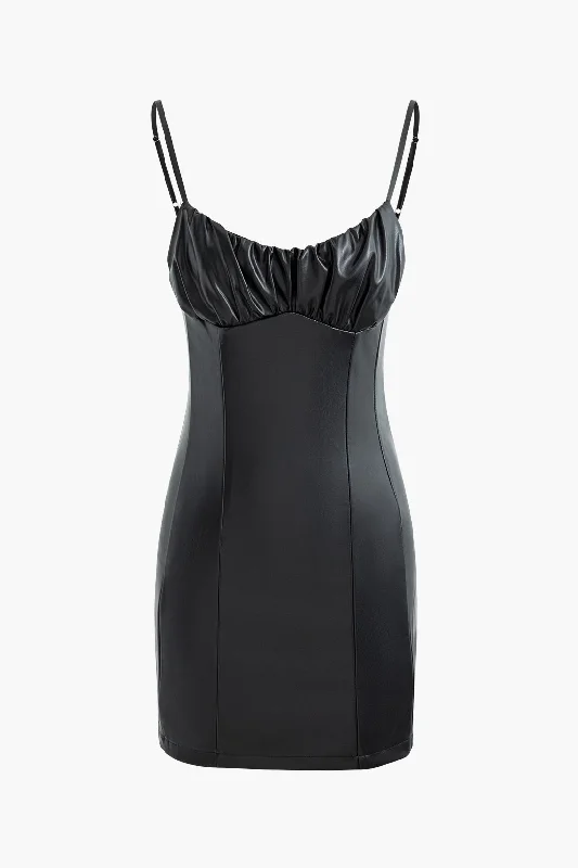 Faux Leather Ruched Zipper Slip Mini Dress Chic Pleated Mini Dress