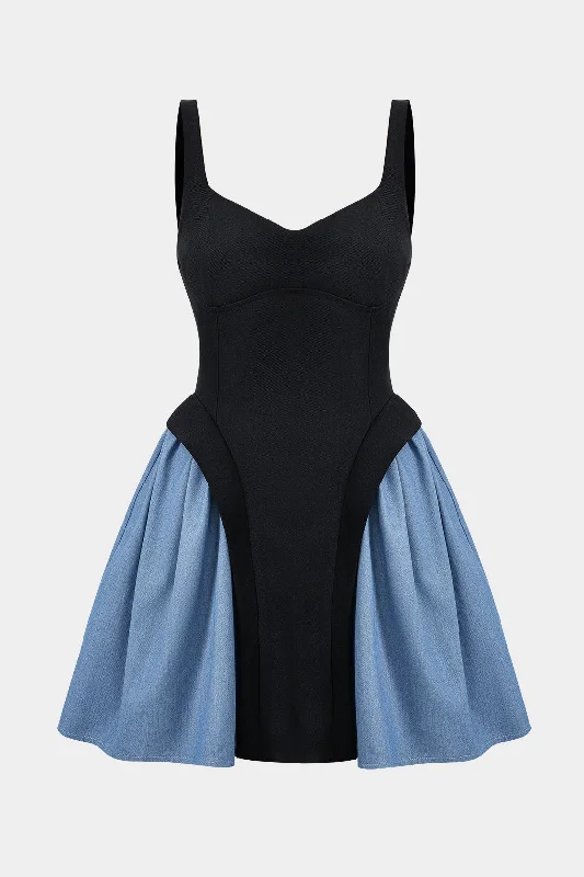 Denim Patchwork Ruched Sleeveless Mini Dress Cozy Satin Mini Dress