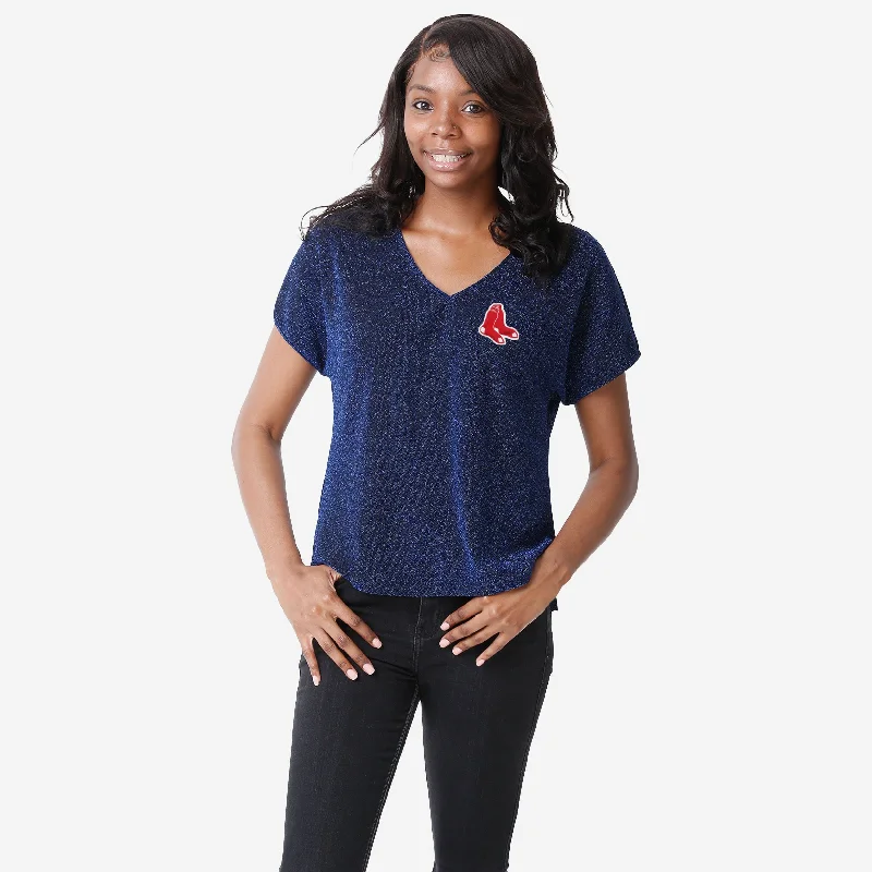 Boston Red Sox Womens Gametime Glitter V-Neck T-Shirt-- Beaded Sequined Faux Fur