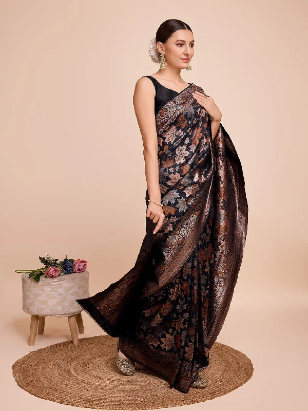 NOZ2TOZ Women Party Wear Double Zari Weaving Pure Silk Saree with Unstitched Blouse - Black Lightweight Chiffon Blouse