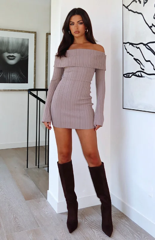Come And Find Me Long Sleeve Mini Dress Taupe Trendy Camisole Mini Dress