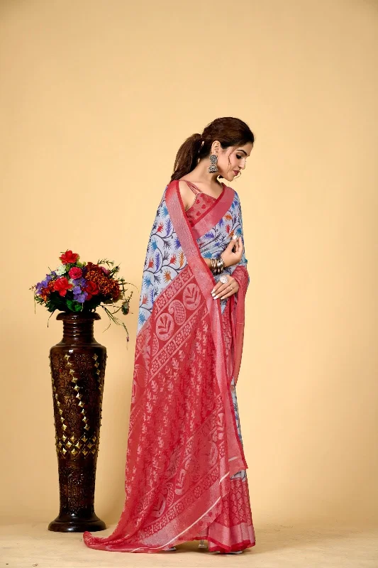 NOZ2TOZ Women Casual Wear Printed Brasso Silk Saree with Unstitched Blouse - Sky Blue Modern Work Blouse NOZ2TOZ Women Casual Wear Printed Brasso Silk Saree with Unstitched Blouse - Sky Blue Modern Work Blouse