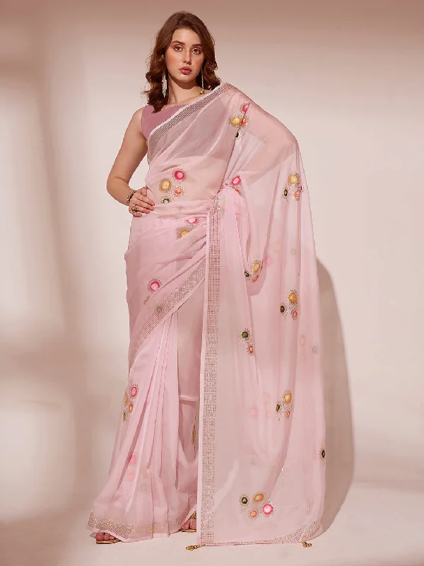 NOZ2TOZ Women Party Wear Organza Saree with Unstitched Blouse - Pink Ruffled Neck Blouse NOZ2TOZ Women Party Wear Organza Saree with Unstitched Blouse - Pink Ruffled Neck Blouse