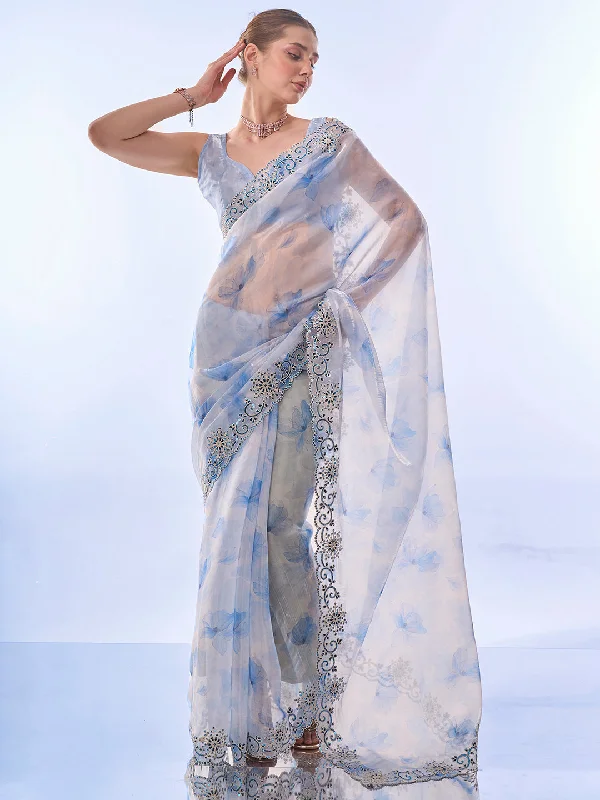 NOZ2TOZ Women Party Wear Printed Premium Organza Saree with Unstitched Blouse - Off White Lightweight Chiffon Blouse NOZ2TOZ Women Party Wear Printed Premium Organza Saree with Unstitched Blouse - Off White Lightweight Chiffon Blouse