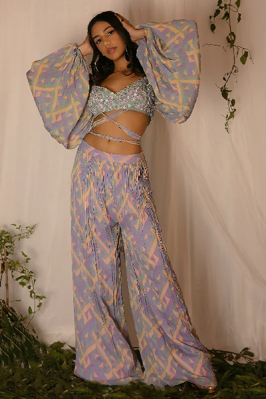 Hand-embroidered and Printed Blouse with Printed Pants Vintage Lace Blouse