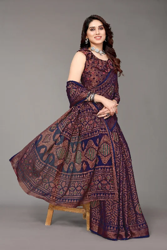 NOZ2TOZ Women Party Wear Printed Brasso Chiffon Saree with Unstitched Blouse - Navy Blue Elegant Lace Blouse NOZ2TOZ Women Party Wear Printed Brasso Chiffon Saree with Unstitched Blouse - Navy Blue Elegant Lace Blouse