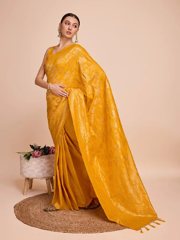 NOZ2TOZ Women Party Wear Double Zari Weaving Pure Silk Saree with Unstitched Blouse - Yellow Airy Cotton Blouse NOZ2TOZ Women Party Wear Double Zari Weaving Pure Silk Saree with Unstitched Blouse - Yellow Airy Cotton Blouse
