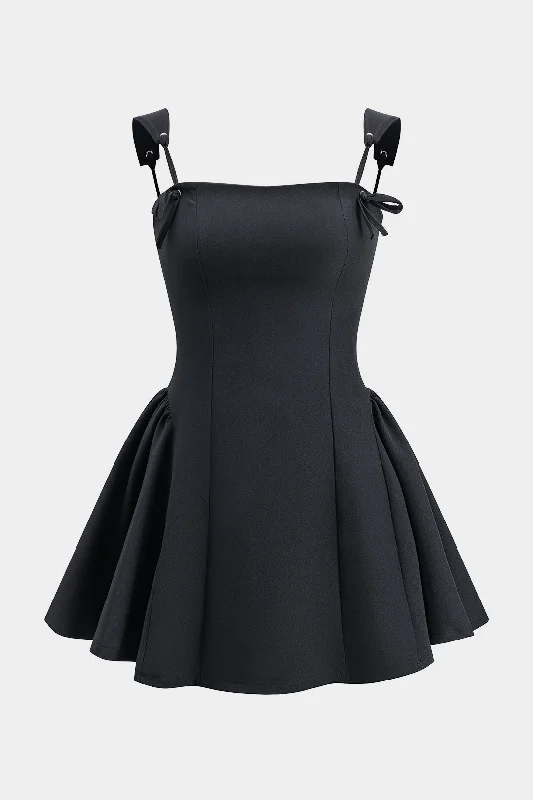 Pleated Bow Zipper Tie Back Slip Mini Dress Trendy Lace Mini Dress