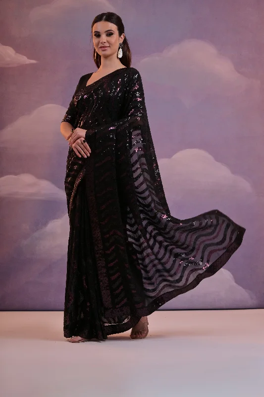 NOZ2TOZ Women Party Wear Sequence Worked Georgette Saree with Unstitched Blouse - Black & Wine Lightweight Tunic Blouse NOZ2TOZ Women Party Wear Sequence Worked Georgette Saree with Unstitched Blouse - Black & Wine Lightweight Tunic Blouse