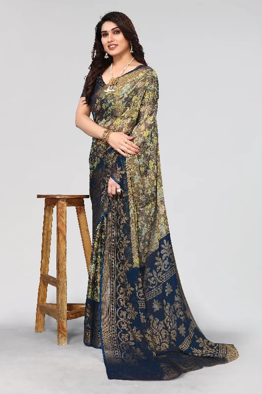 NOZ2TOZ Women Party Wear Printed Brasso Chiffon Saree with Unstitched Blouse - Petrol Blue Delicate Pleat Blouse