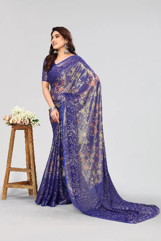 NOZ2TOZ Women Party Wear Printed Brasso Chiffon Saree with Unstitched Blouse - Royal Blue Gathered Detail Blouse