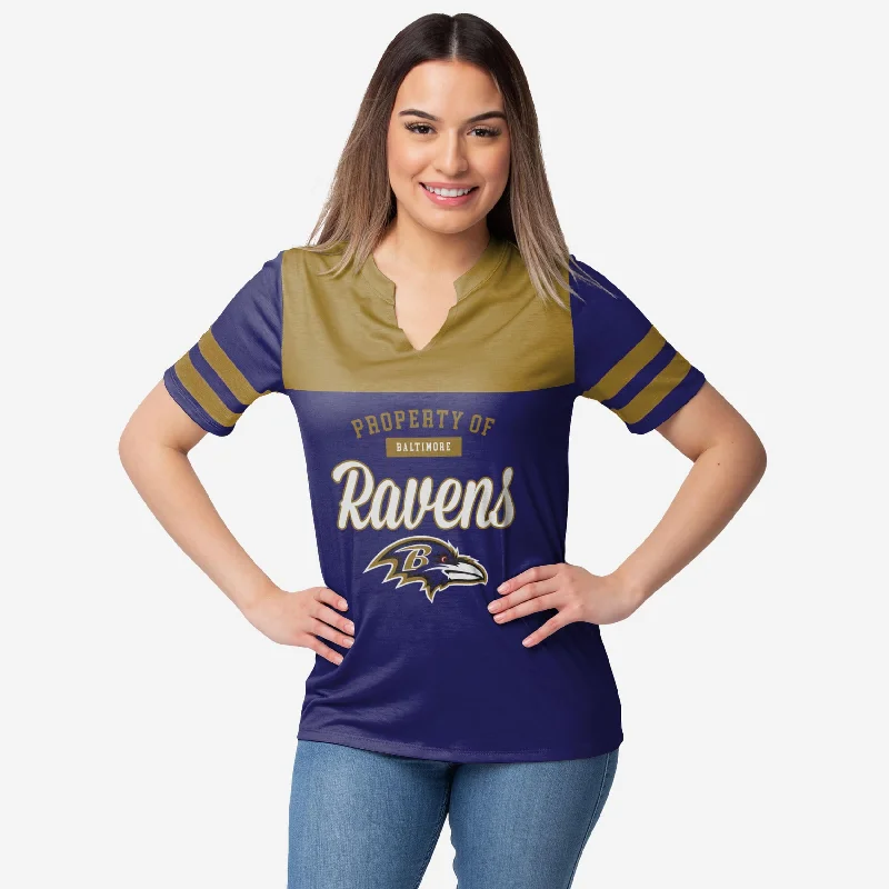 Baltimore Ravens Womens Team Stripe Property Of V-Neck T-Shirt-- Collared T-Shirt Boat Neck A-Line Baltimore Ravens Womens Team Stripe Property Of V-Neck T-Shirt-- Collared T-Shirt Boat Neck A-Line
