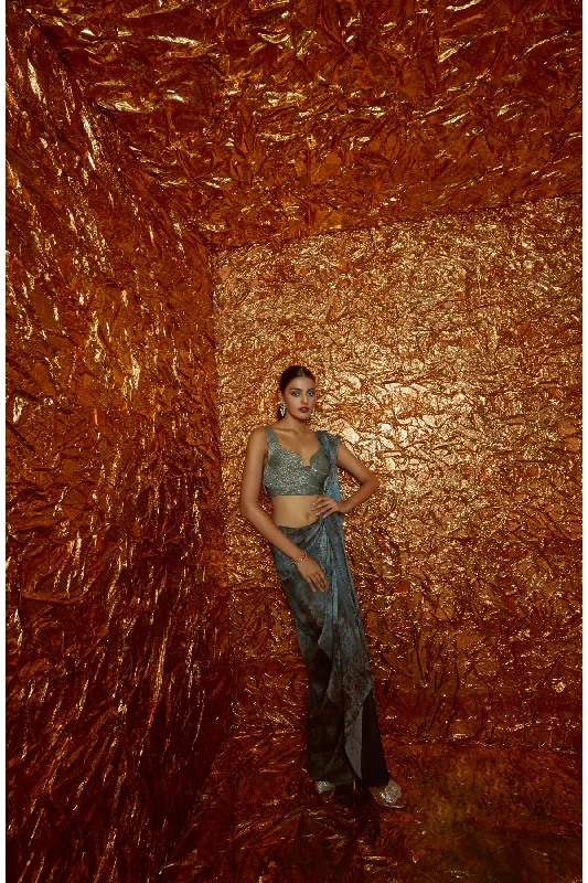 Pre Draped Chiffon Printed Saree with Cording Blouse Feminine Satin Blouse