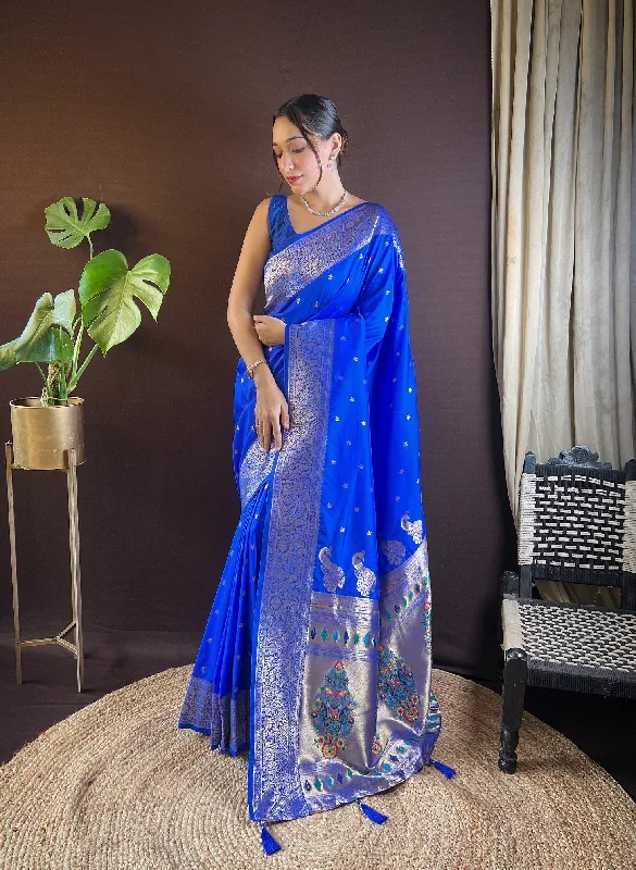 NOZ2TOZ Women Party Wear Zari Weaving Paithani Silk Saree with Unstitched Blouse - Royal Blue Elegant Peplum Blouse