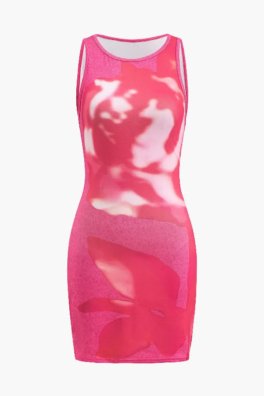 Abstract Print Round Neck Sleeveless Mini Dress Stylish Ribbed Mini Dress